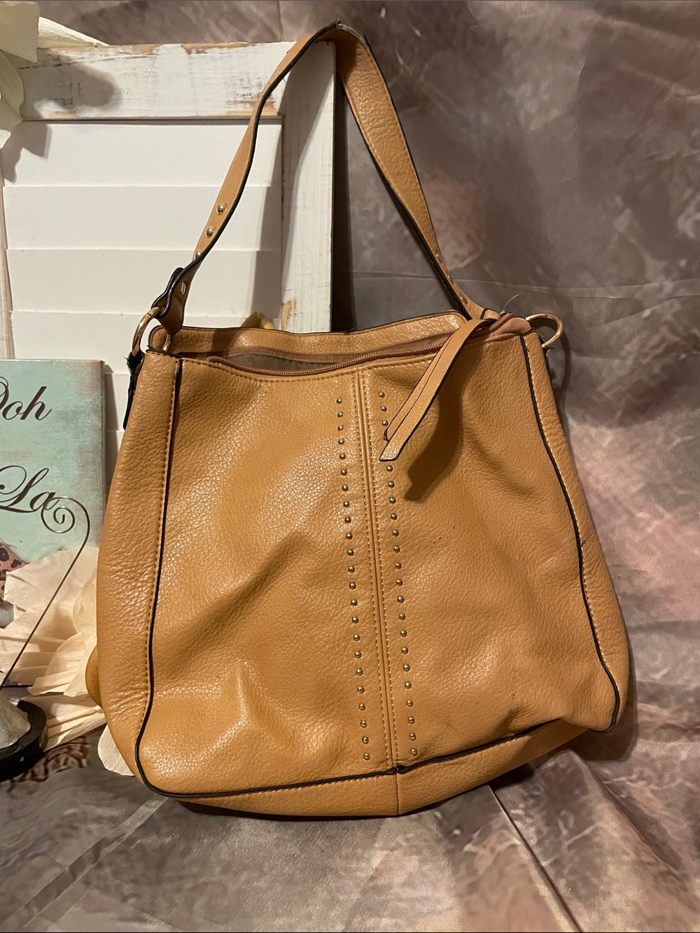 Montana West Tan Pebbled Leather Stud-Trim Shoulder Hobo